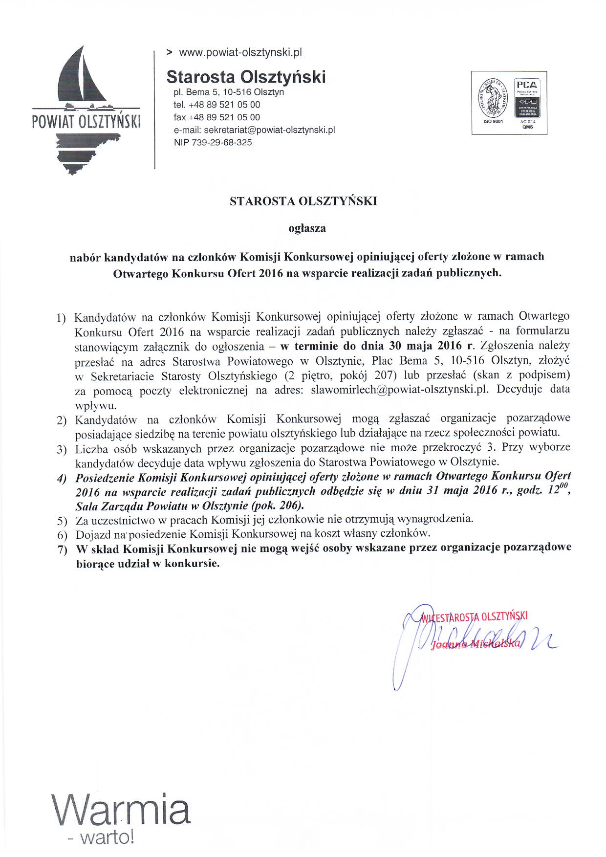 Ogłoszenie Starosty Olsztyńskiego nabór kandydatów na członków Komisji Konkursowej Konkurs Ofert 2016