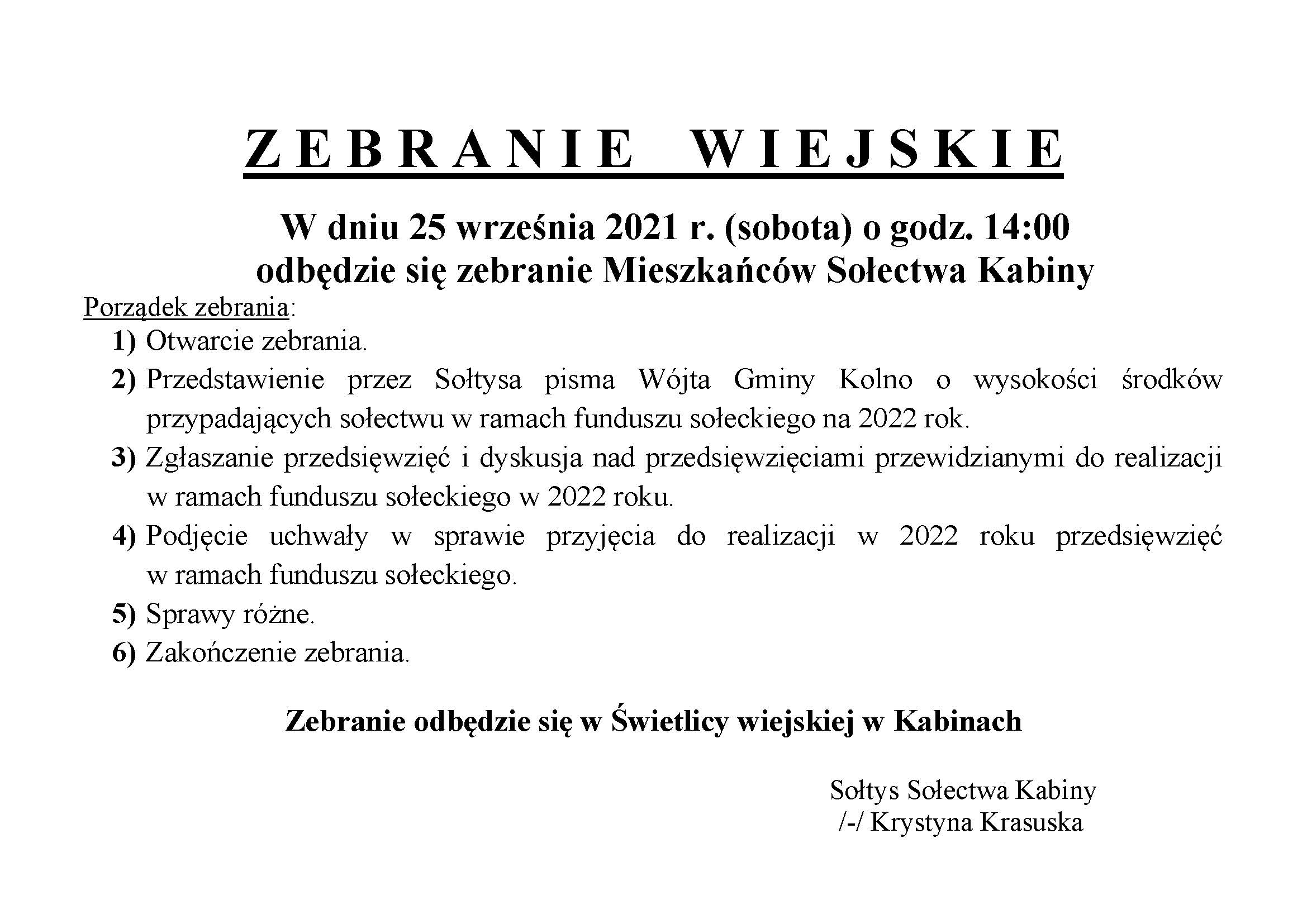 OGOSZENIE Zebranie Wiejskie Mieszkacw Soectwa Kabiny FS na 2022r