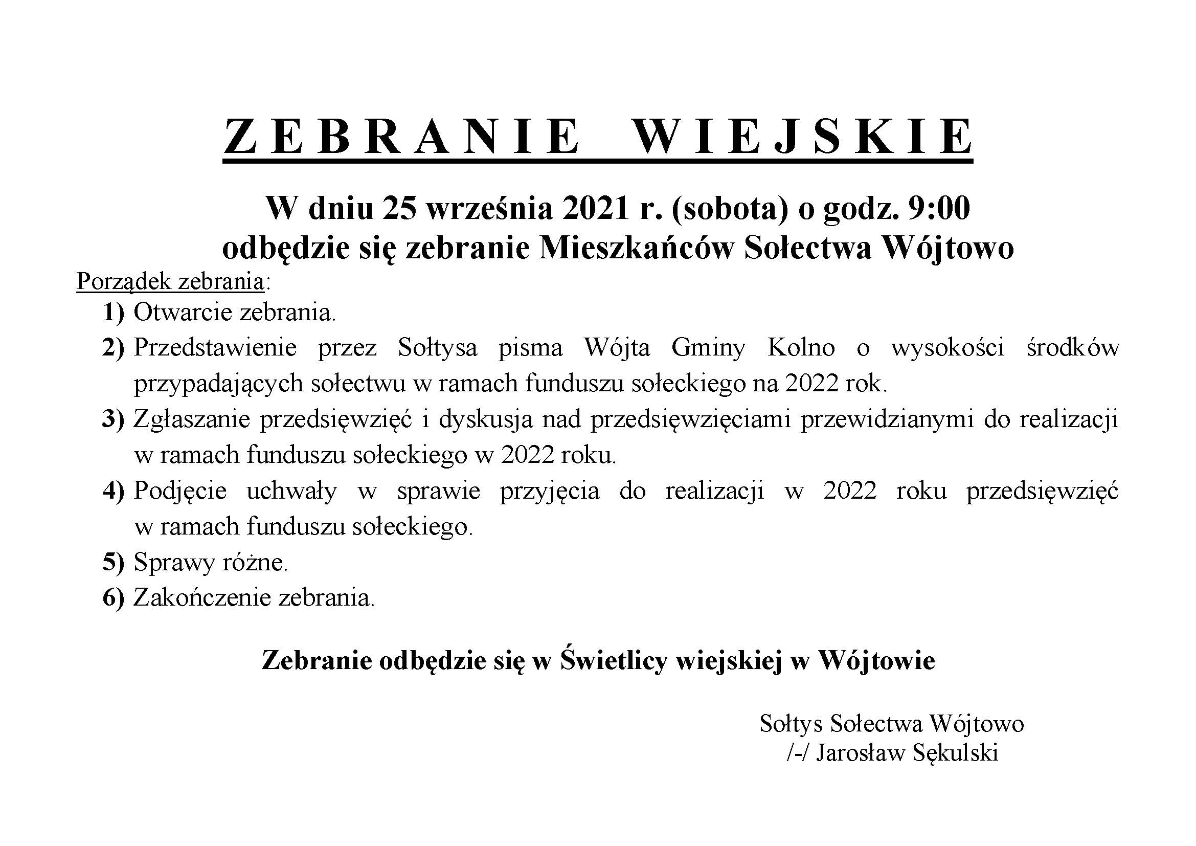 OGOSZENIE Zebranie Wiejskie Mieszkacw Soectwa Wjtowo FS na 2022r