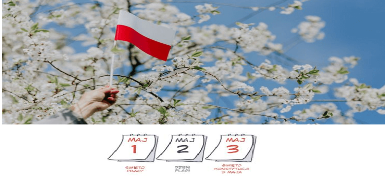 Ręka z polską flagą na tle kwiecia, a poniżejkarki z majowego kalendarza 